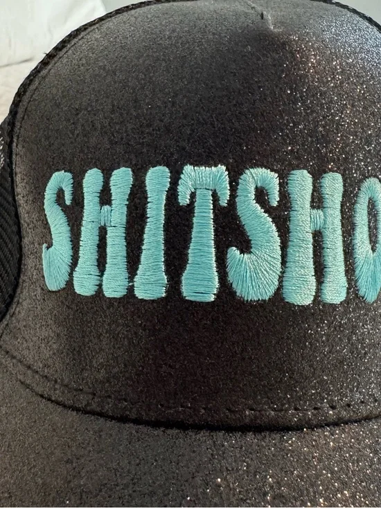 Black Glitter Women’s Trucker Hat with Turquoise 'SHITSHOW' Embroidery - Picture 2 of 4